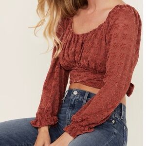 Beyond the Radar Rust Floral Lace Long Sleeve Square Neck Cropped Blouse M